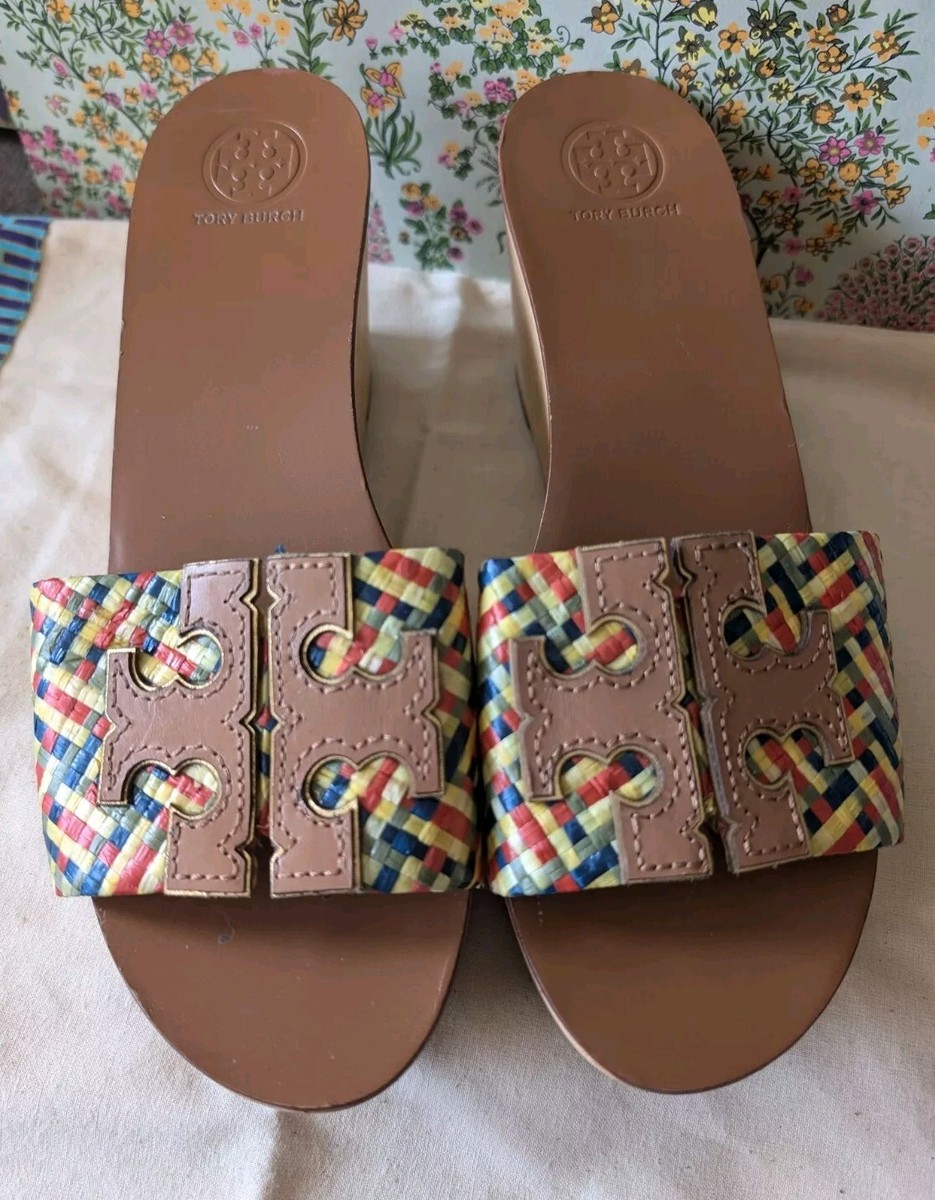 TORY BURCH Ines Woven Multicolor Raffia Wedge Platform Slide