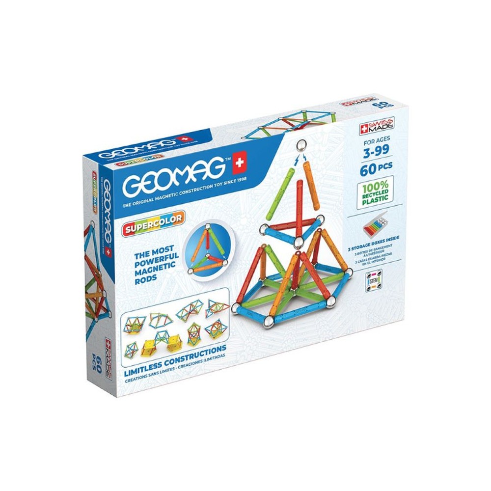 Jeu de construction magnétique GEOMAG Supercolor Recycled de 60 pièces colorées