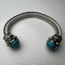 Silver Tone Cable Cuff Bracelet Faux Imitation Turquoise Southwest Retro