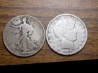 BARBER AND WALKING LIBERTY COLELCTORS LOT 1929 S AND 1899 BETTER GRADE $1 90%