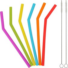 Kids Friendly Reusable Silicone Straws - 6 Assorted Colors 2 Cleaning Brushes