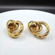 Gold Tone Chunky Interlocking Door Knocker Clip On Earrings Statement Jewelry