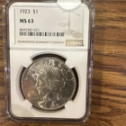 1923 Peace Dollar US Coin 90% Silver NGC MS 63