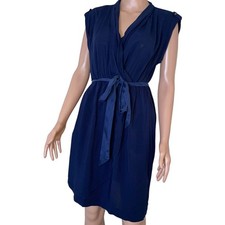 Maeve navy dress blue faux wrap knee length belt tied rolled sleeved Rayon SZ M