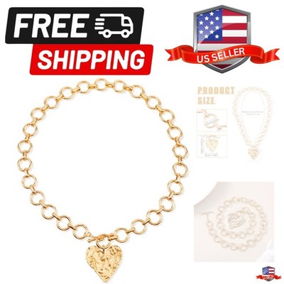 Chunky Gold Pendant Necklaces for Women, Large Statement Hammered Heart Penda...