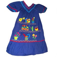 Vintage Blue Embroidered Garden Floral Patio Lounge House Dress Sz M