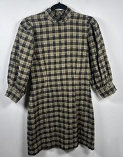 GANNI Plaid Mini Dress Size 36 US 4 Puff Sleeve Mock Neck Cottagecore Chic