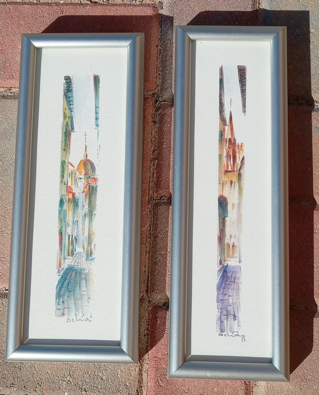 Late 20th century watercolor street scene paintings.
