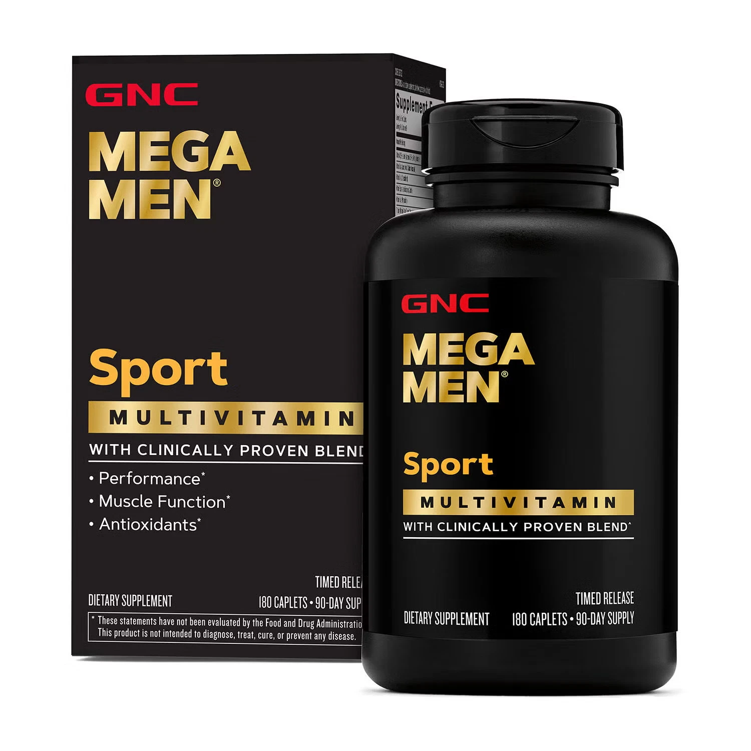 White and green GNC Mega Men Sport 180 tablets bottle with gold, red, and black text on supplement facts panel.