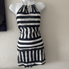 Black White Striped Halter Mini Dress Sleeveless Strap Accents Tie Closure