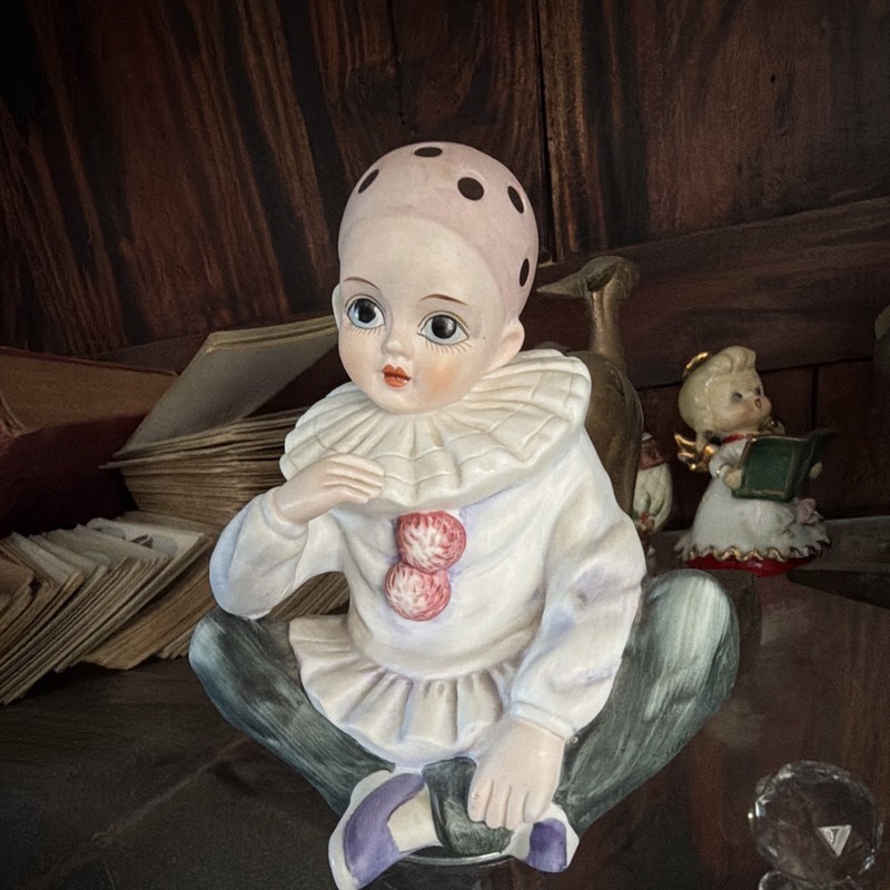 Ceramic Seated Clown Figurine Painted Multicolor Polka Dot Hat Purple Shoes