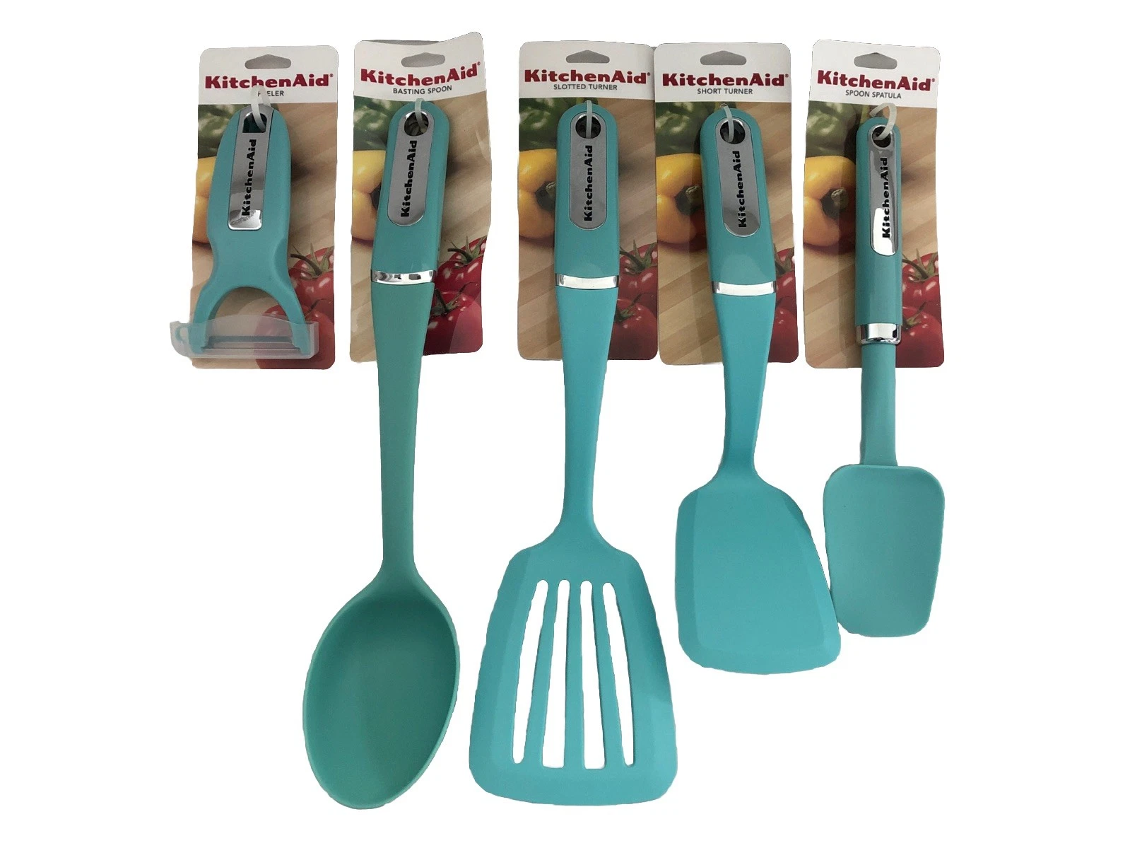 New KitchenAid Aqua Sky HAQA 5 Pc Utensils Peeler Spoon Spatula Lifters