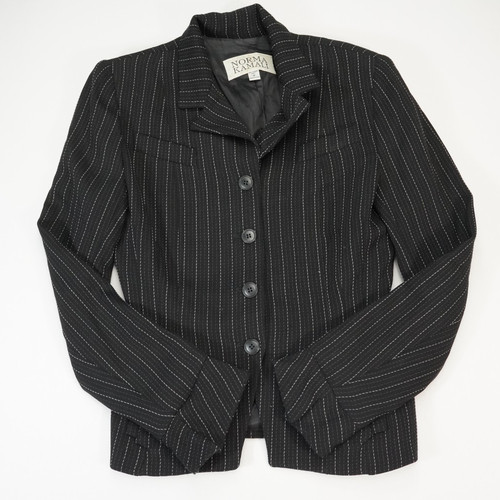 Norma Kamali, Vintage Norma Kamali Womens Sz 4 Wool Black Pinstripe Business Blazer Jacket