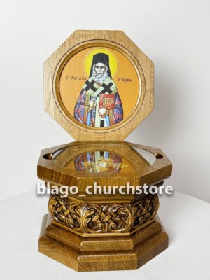 Orthodox Reliquary Box Wood Carved Ark with icon of St. Nectarios of Aegina7.48''