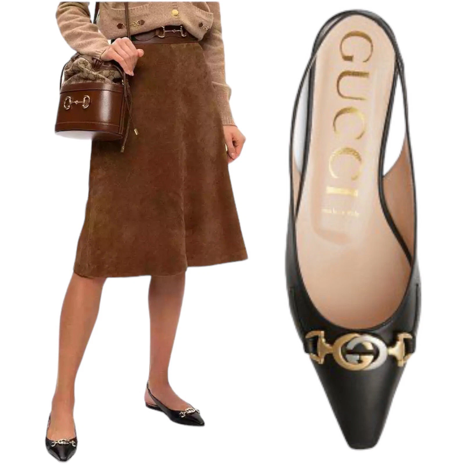 Chaussures plates Gucci Zumi GG logo imbriqué bout pointu noir femme taille 37