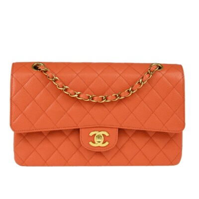 Chanel Orange Calfskin Medium Classic Double Flap Shoulder Bag