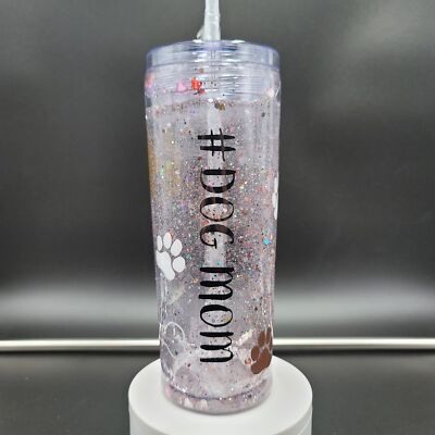 Dog Mom Tumbler Skinny Snow Globe Hearts Bones Love Animal Glitter Cold Cup