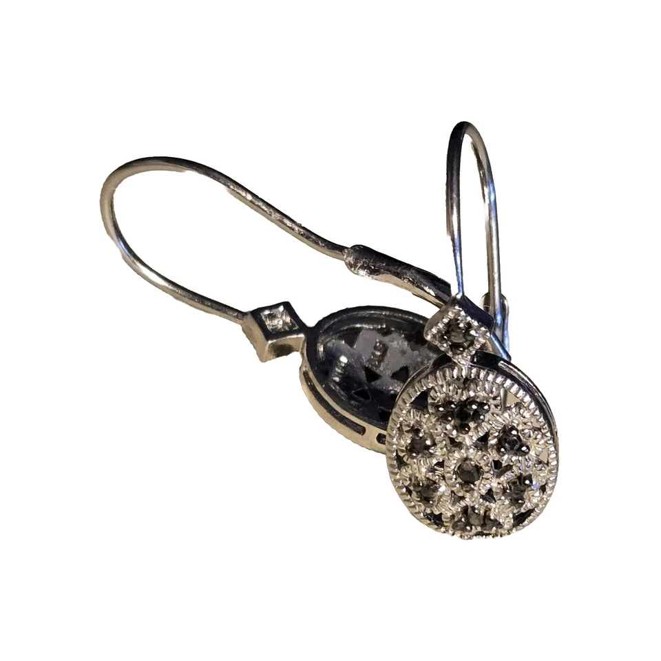 Black Diamond Earrings Sterling Silver Leverback Heart Shape Set Diamonds - Image 2 of 4