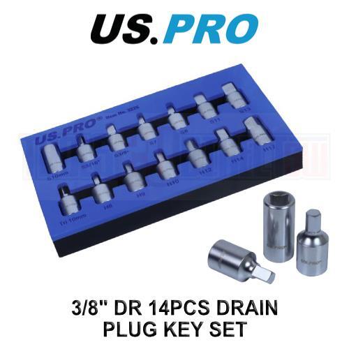 US PRO Tools 3/8"" dr 14pc Drain Sump Plug Key Set, Engine Gearbox Diff 3225