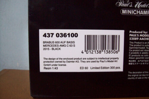 1/43 MINICHAMPS 437 036100 BRABUS 600 AUF BASIS MERCEDES-AMG C 63S 2015 IN BLACK - Foto 2 di 6