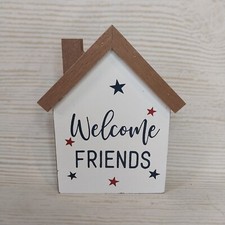  New "Welcome Friends" American Flag July 4 USA Wood Sign Decor House Shape Star