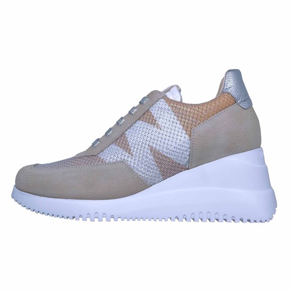 Wonders Dallas: Zapatillas Para Mujer Plataformas Cuña Beige Piel Ligero  G-6620