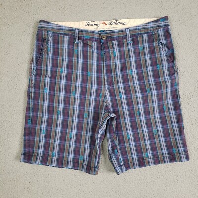 Tommy Bahama Pineapple Embroidery Bermuda Shorts Mens 38 Blue Plaid Preppy Beach