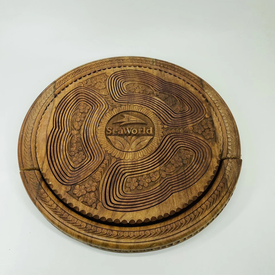 РЕДКИЙ 14-дюймовый деревянный плоский складной лоток ручной работы с логотипом Sea World — 3 отсека (UU) - Изображение 2 из 4