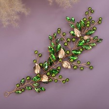 Green Gold Rhinestone Bridal Hair Vine, Crystal Pearl Wedding Headband, Leaf