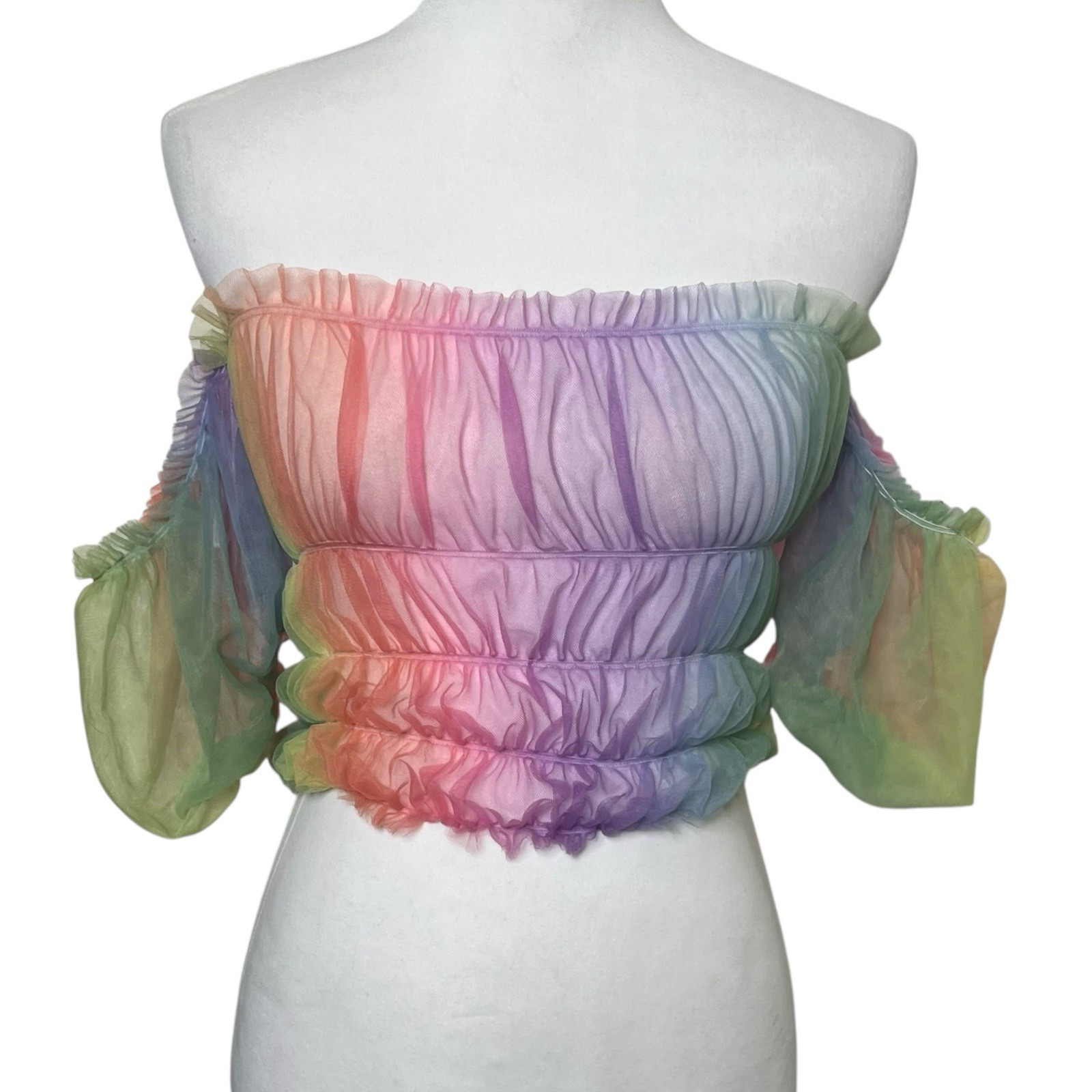 Lirika Matoshi Off Shoulder Rainbow Sheer Puff Sleeve Top Women’s Small