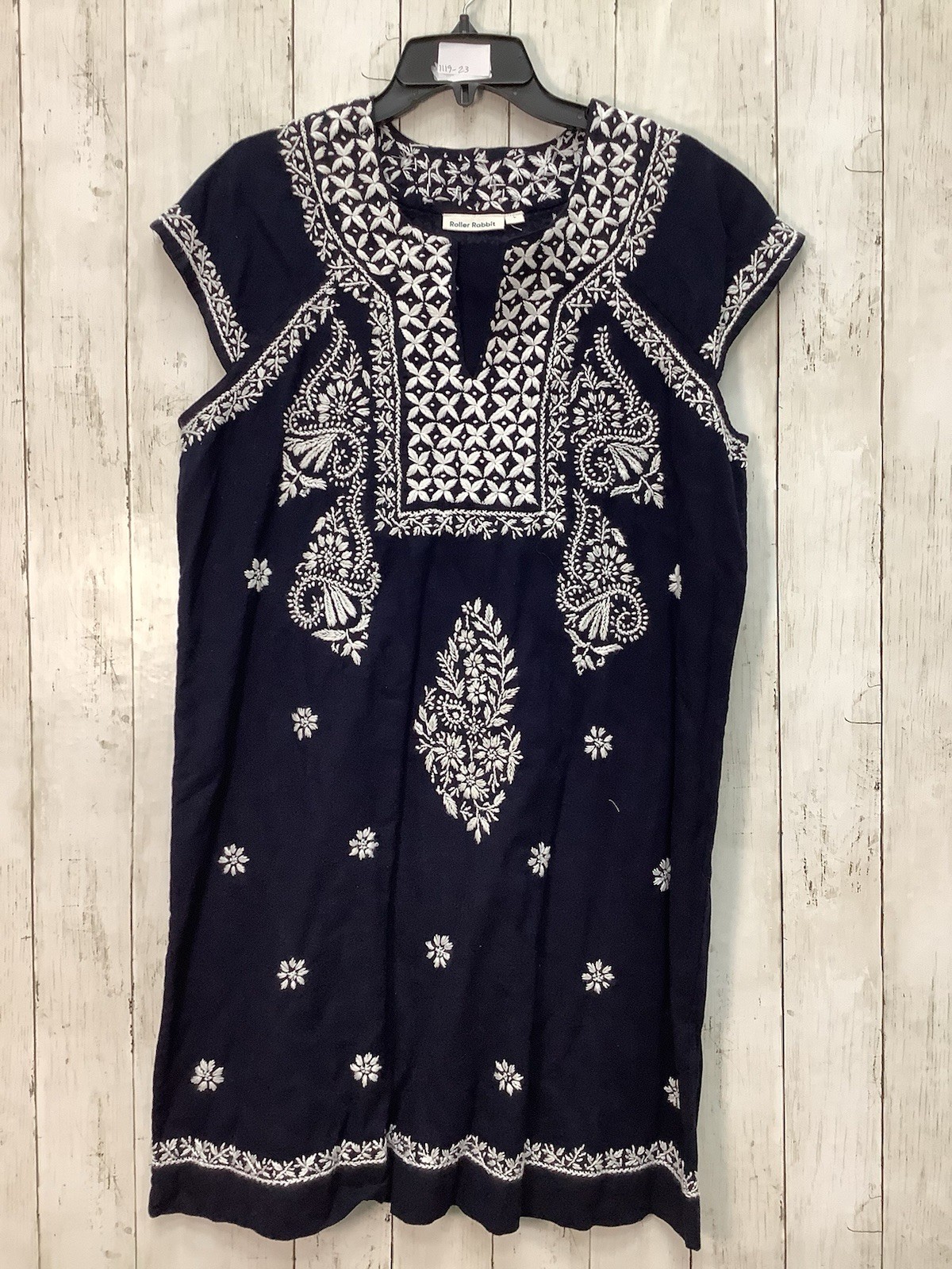 Roller Rabbit Dress in navy blue with white embroidery  Large 1212-17