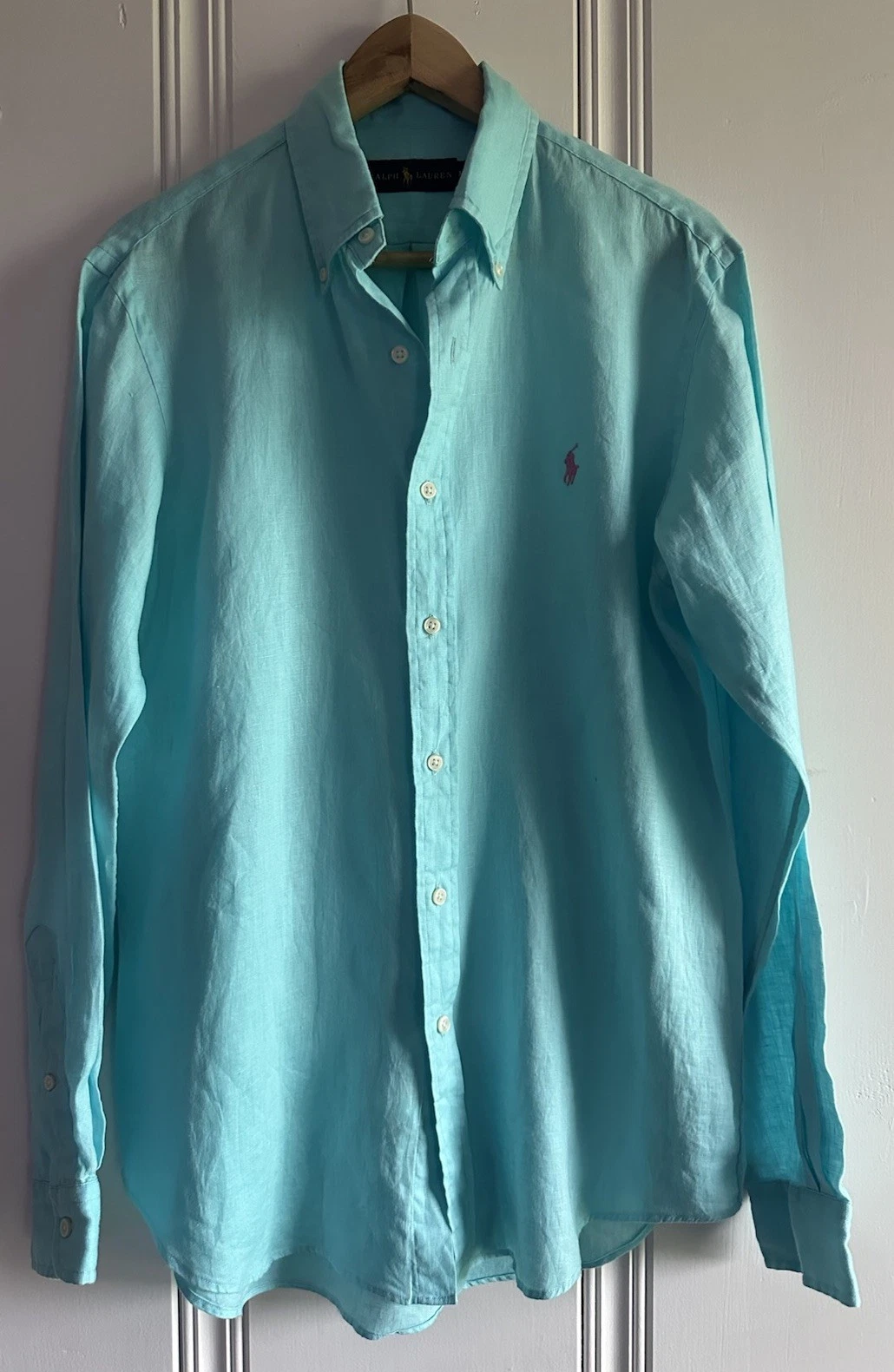 Ralph Lauren Linen Button Down Shirt Mens M Blue Long Sleeve Pony Logo
