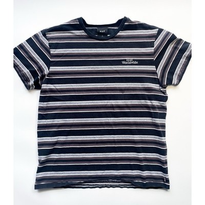 Men's Huf Worldwide Striped Black and Gray Cotton T-Shirt Size L