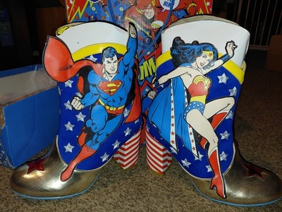 IRREGULAR CHOICE Superman Wonder Woman Boots USA Stars Blue Stronger Together 
