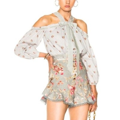 Needle & Thread Women's Gray Floral Swiss Dot Off-Shoulder Bow Neck Top 4