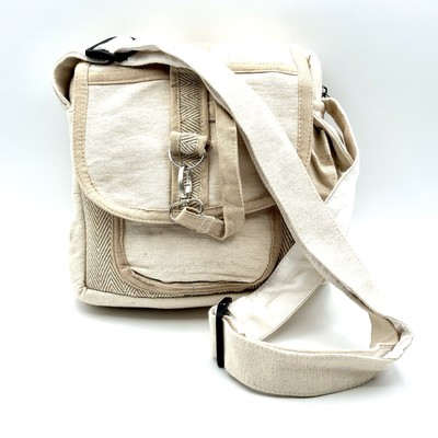 Hemp Crossbody Satchel Daypack Adjustable Strap Multi Pocket Travel School Work