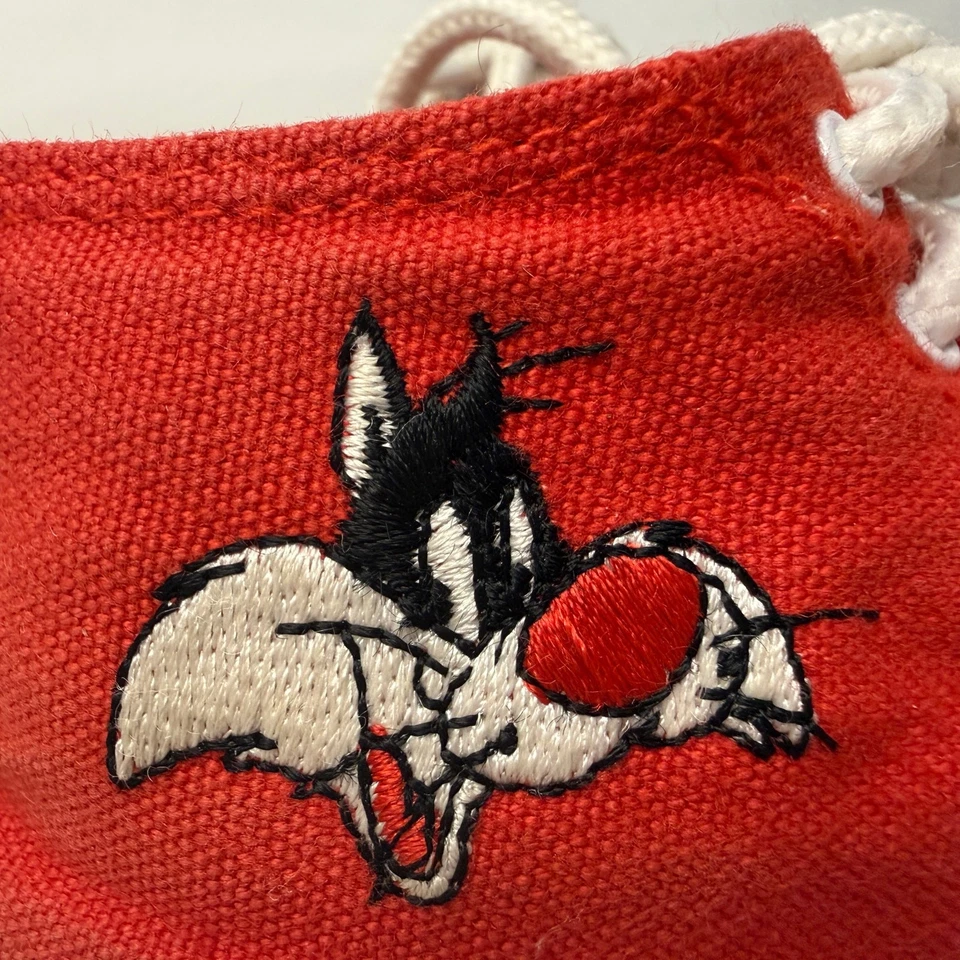 Tênis de cano alto vintage Acme Baby Shoes tamanho 3 Sylvester Looney Tunes anos 80 anos 90 vermelho - Imagem 2 de 4