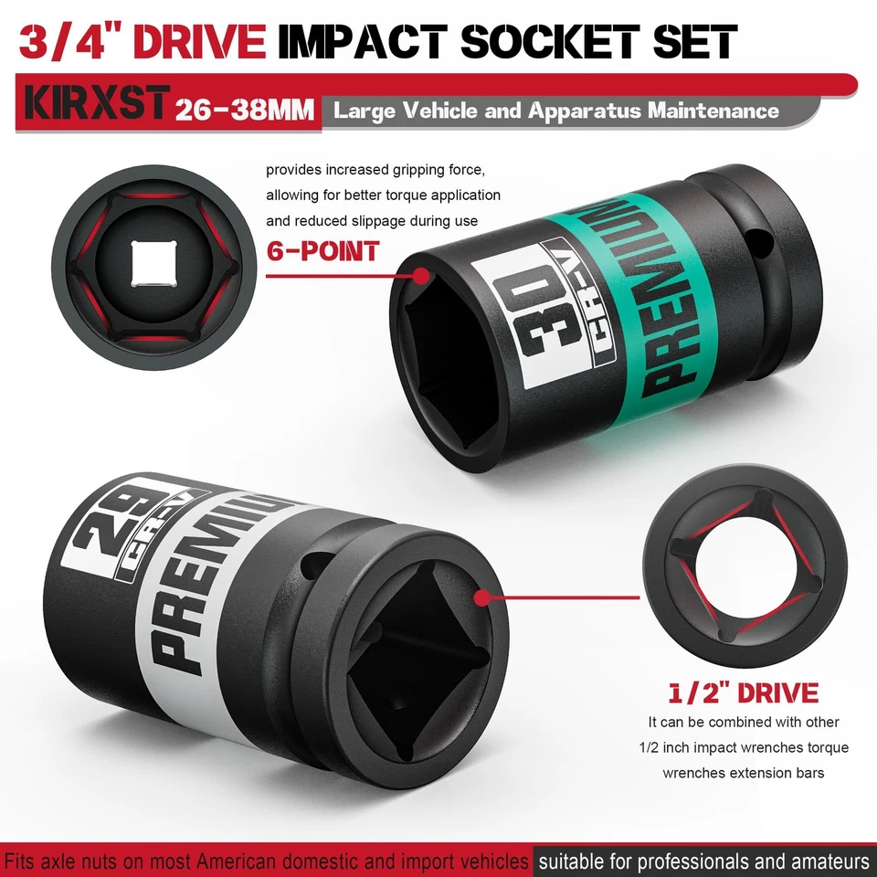 8 Piece 3/4" Drive Impact Socket Set Metric Axle Nut Sockets 26-38mm Thicker ... - Image 3 of 4
