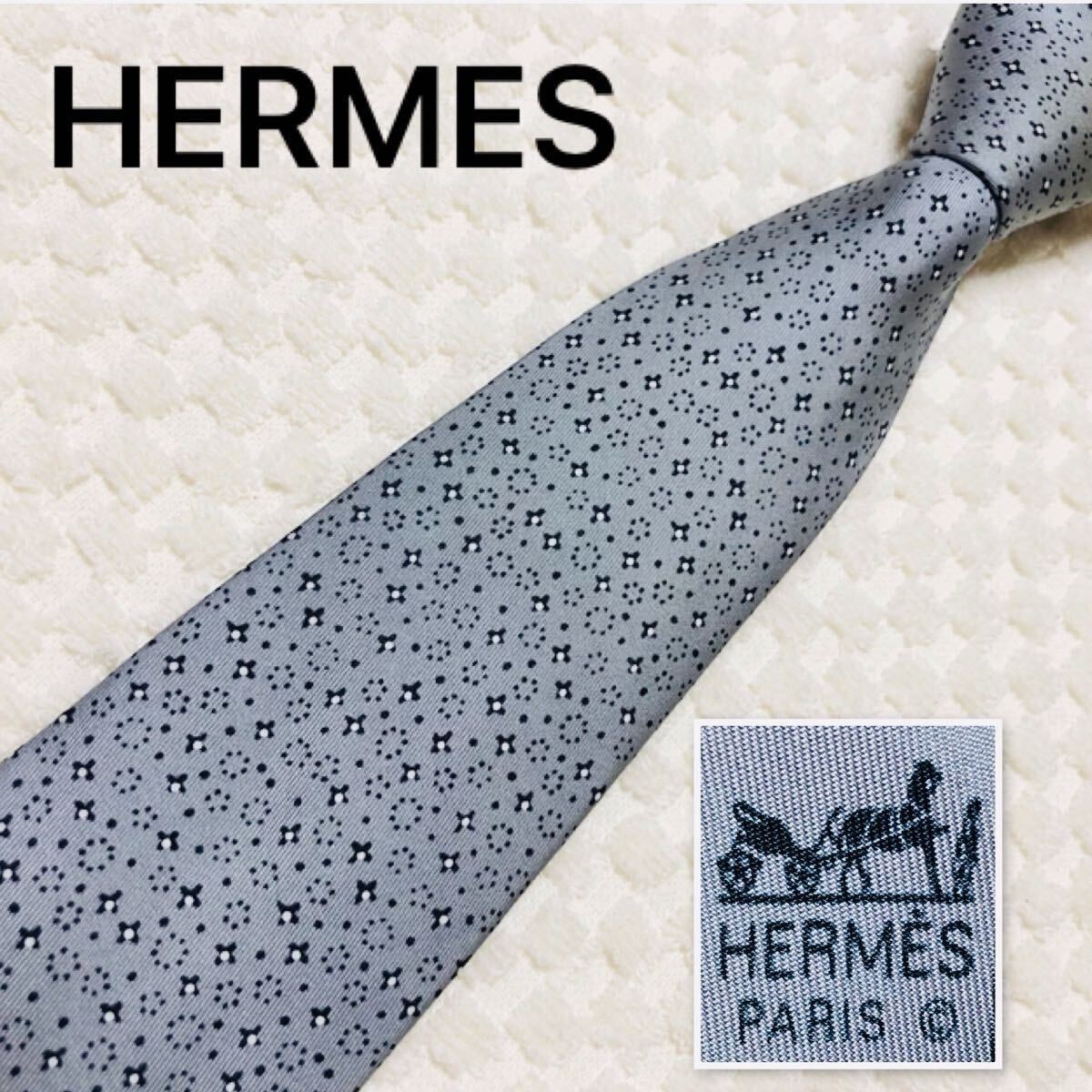 HERMES Tie Floral Pattern Dots 100% Silk Made in France 7846 FA