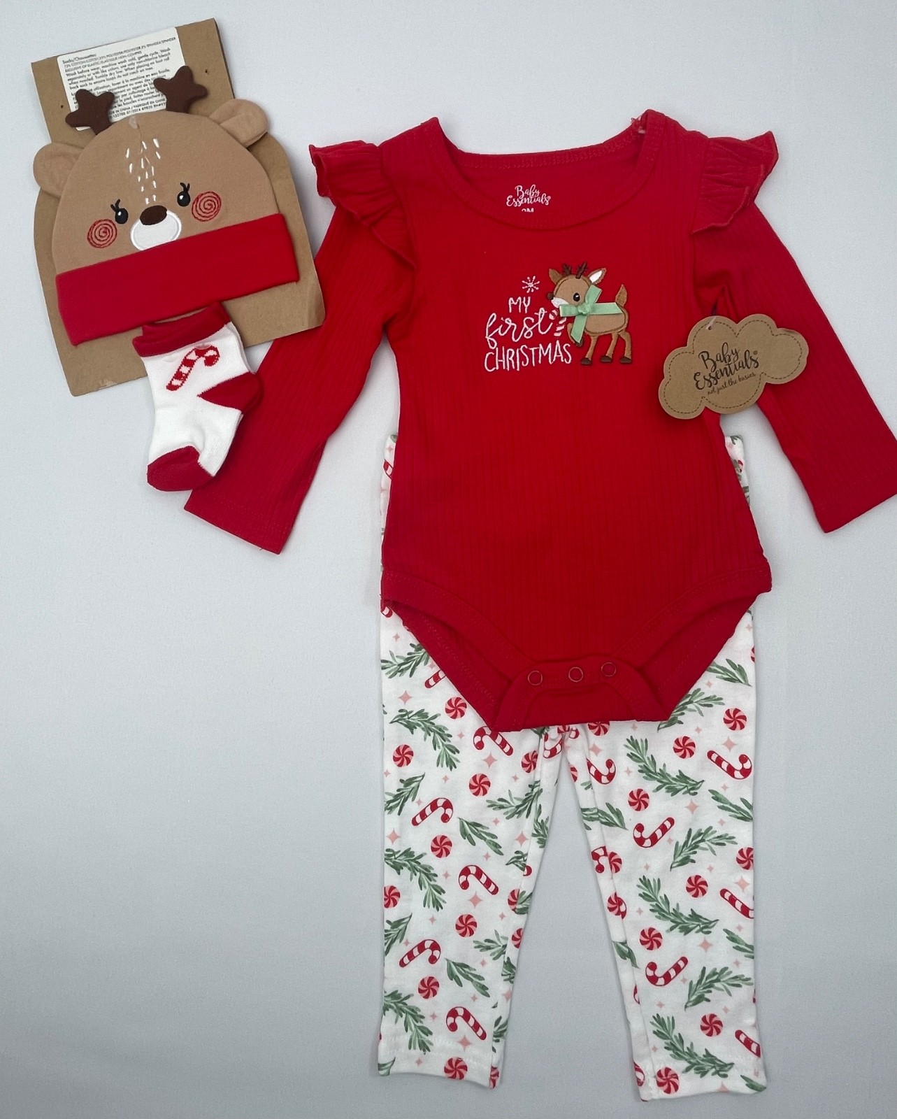 Baby Essentials Girls Reindeer Candy Cane outfit 4pc set 3m 9m My 1st Christmas