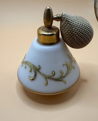 Vintage DeVilbiss White Satin Glass Gold Perfume Atomizer Bottle
