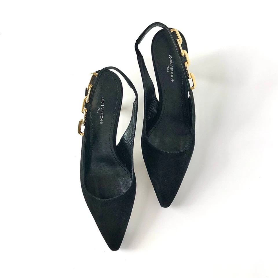NOVO Louis Vuitton Sparkle Slingback Corrente Camurça Preta Salto Gatinho Bombas 38 - Imagem 2 de 4