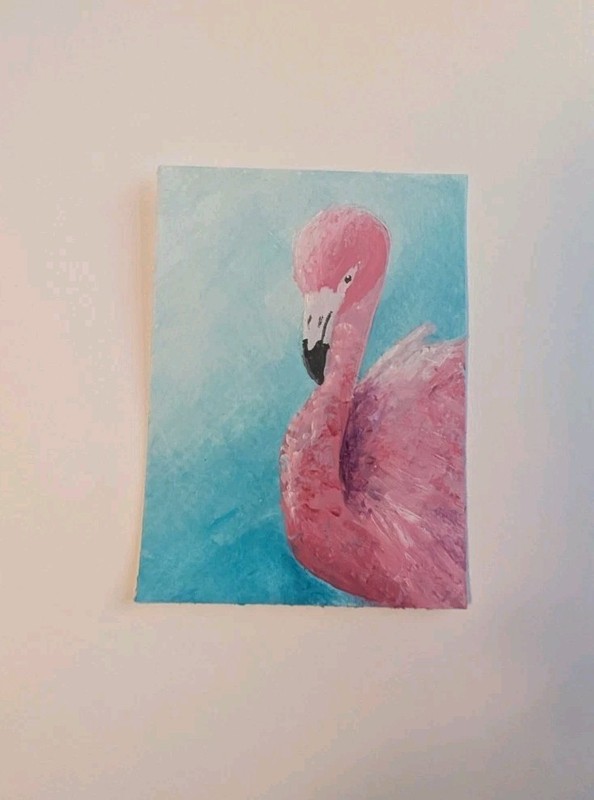 ACEO Original Art Card 2.5 x 3.5, Acrylic, Flamingo, Ocean, Summer, Katie Mart