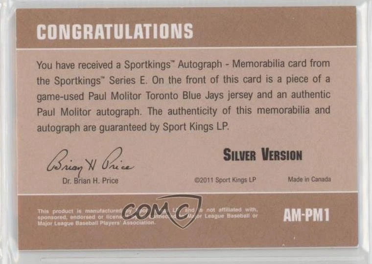 Sportkings Serie E 2012 Auto Memorabilia Silver Paul Molitor #AM-PM1 Auto Salón de la fama Foto 2 de 2