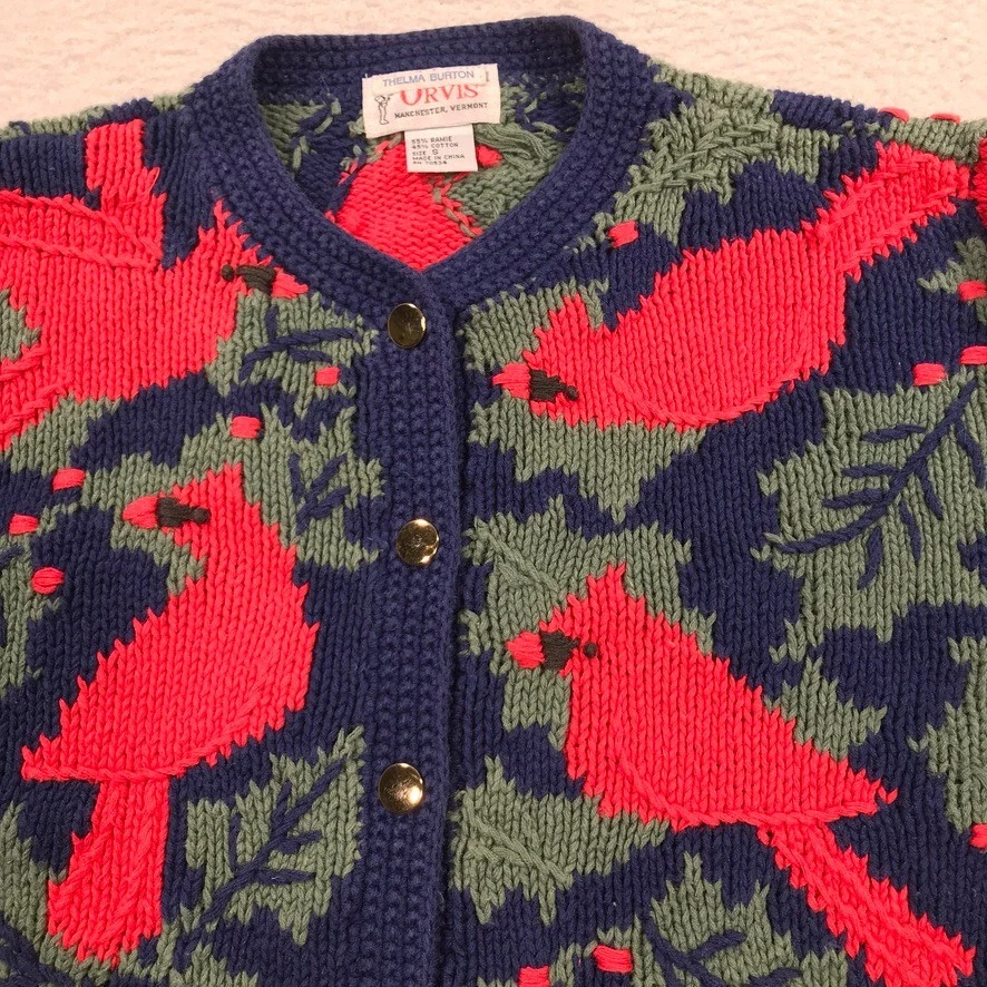 Cardigã suéter feminino vintage Orvis pequeno vermelho azul cardeal pássaros Ramie algodão - Imagem 3 de 4