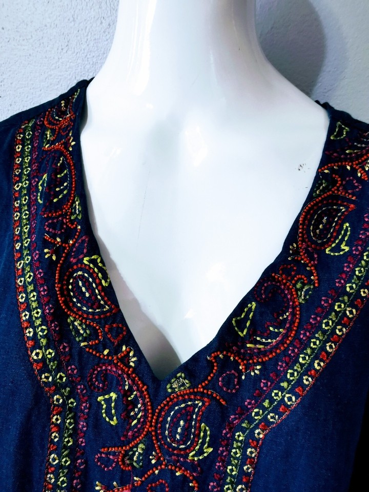 Go Softly Patio Dress Muumuu Denim Chambray Floral Embroidered Cotton