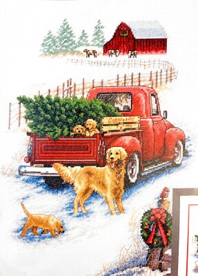 DIMENSIONS WINTER RIDE Counted Cross Stitch Kit   Christmas Tree, Truck, Dogs