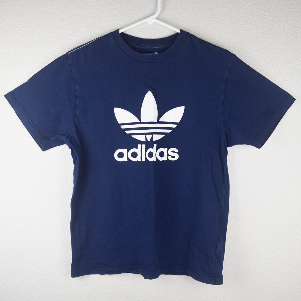 Vtg Adidas Womens M Navy Blue White Trefoil Logo Tshirt Tee Top White  Stitching