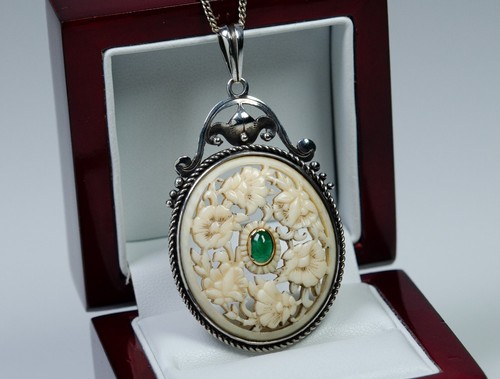 Silber/Gold - antiker Jugendstil Anhänger - 0.25 ct Smaragd - Schnitzerei - GROß - Bild 4 von 10