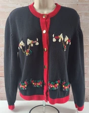 The Eagle's Eye Black Red Cardigan Sweater Scottish Dogs Flowers Women's Large